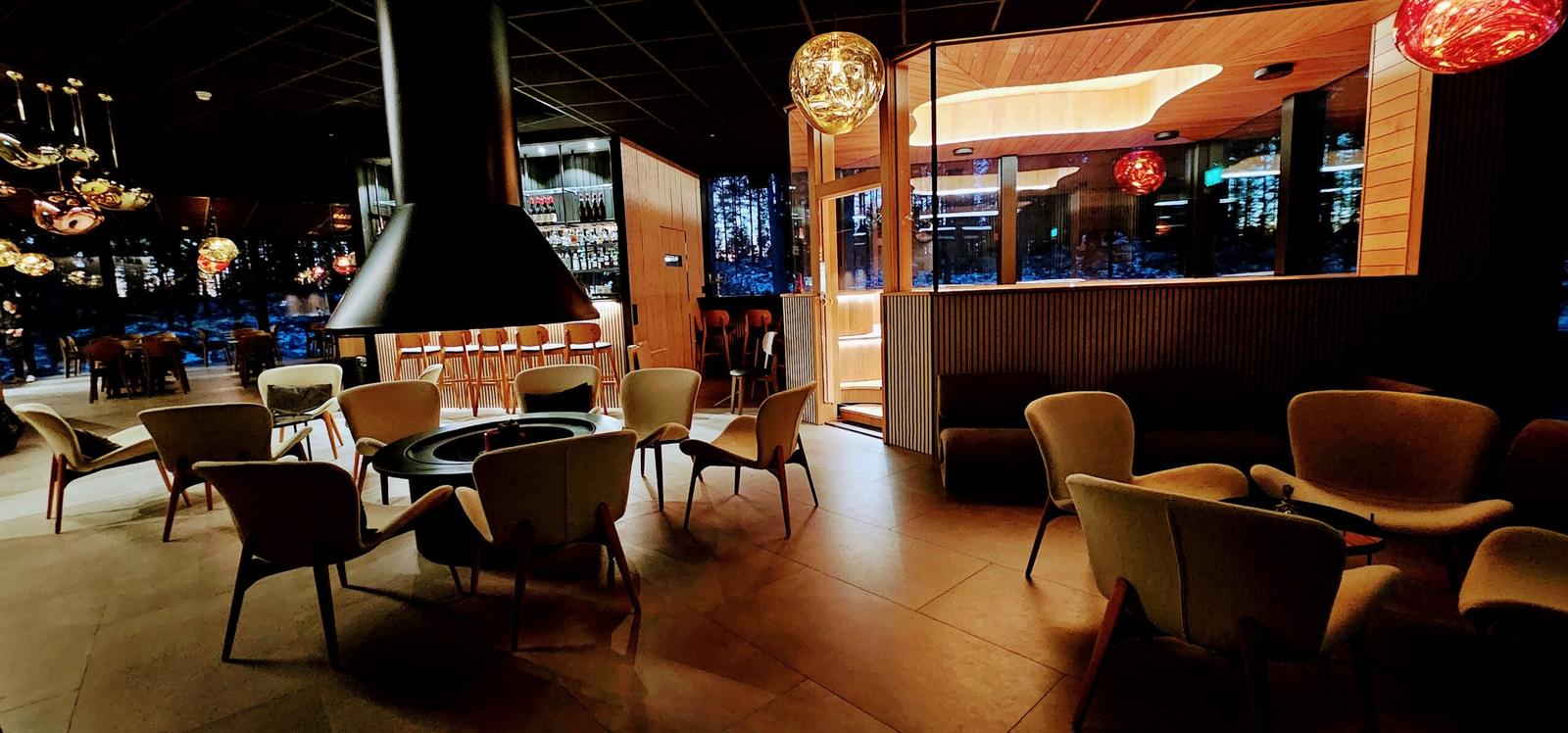 Fireplace lounge and bar at the Arctic Forest Spa