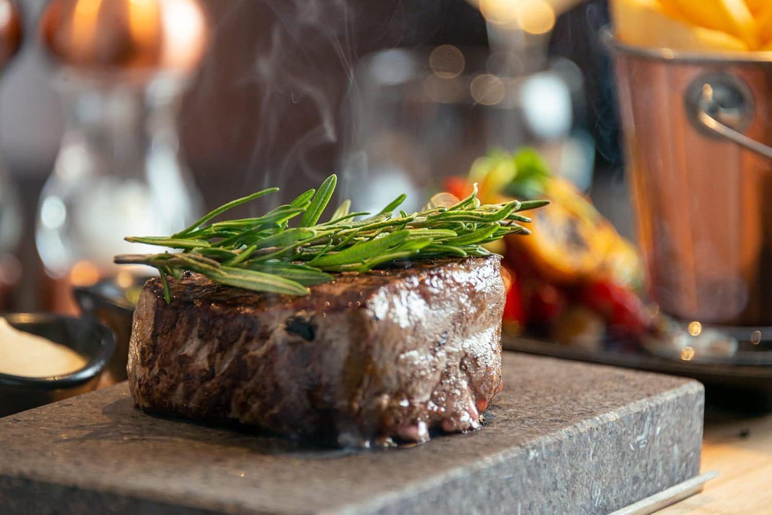 Premium cuts searing on the hot volcanic stone