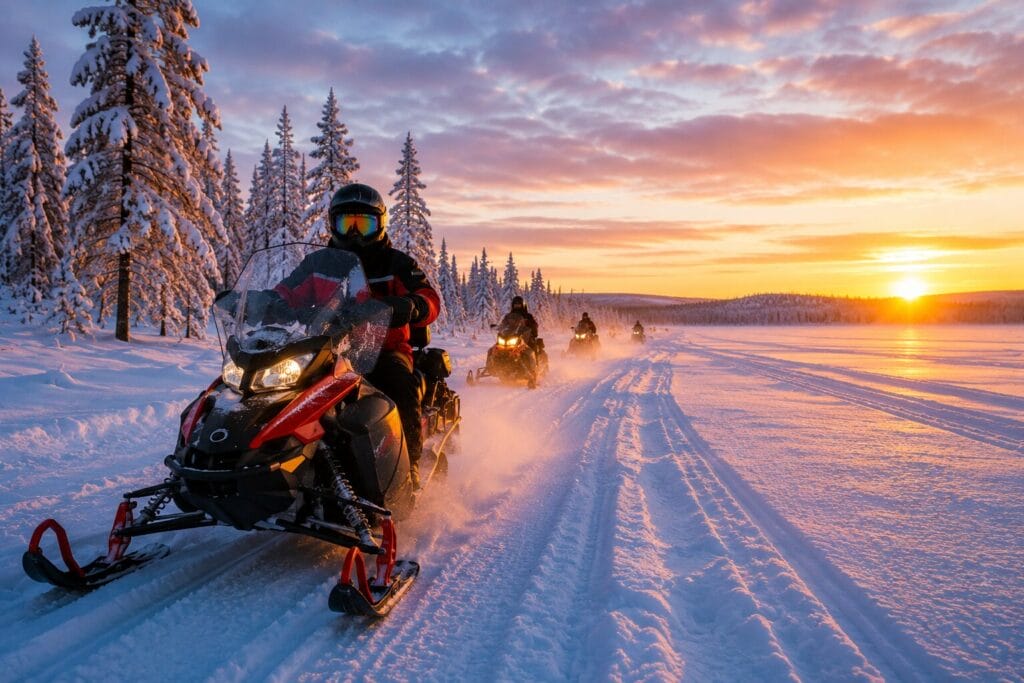 Snowmobile Across Frozen Lapland