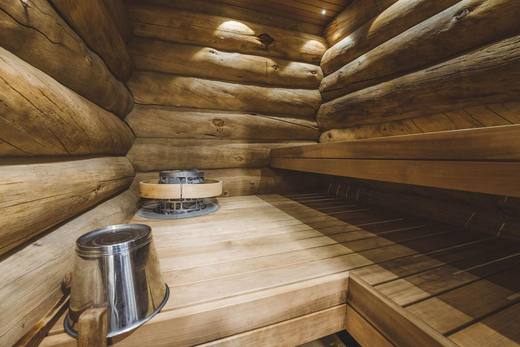 Traditional log sauna with a wood stove