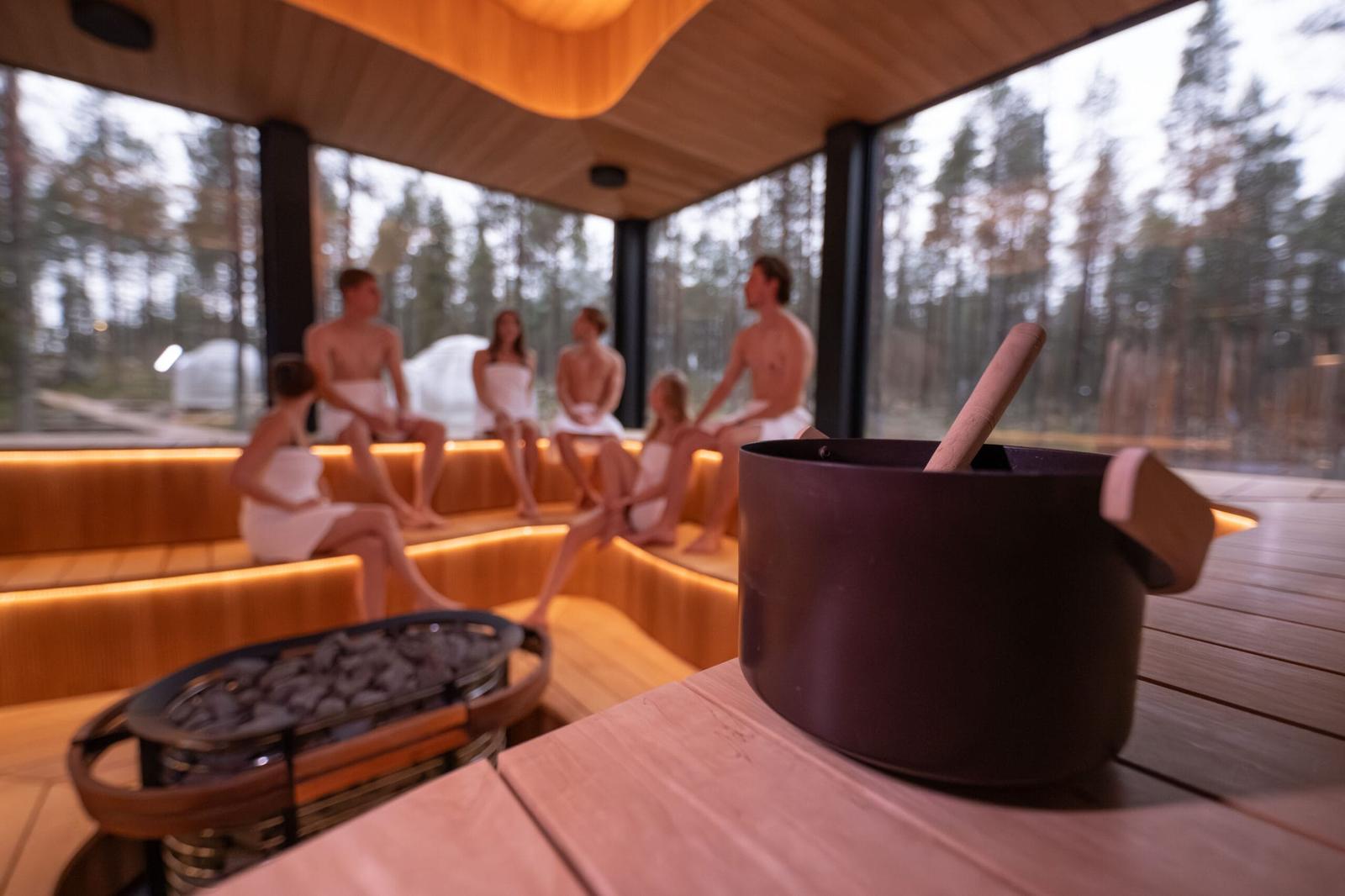 A group together in the panoramic wave sauna, forest outside