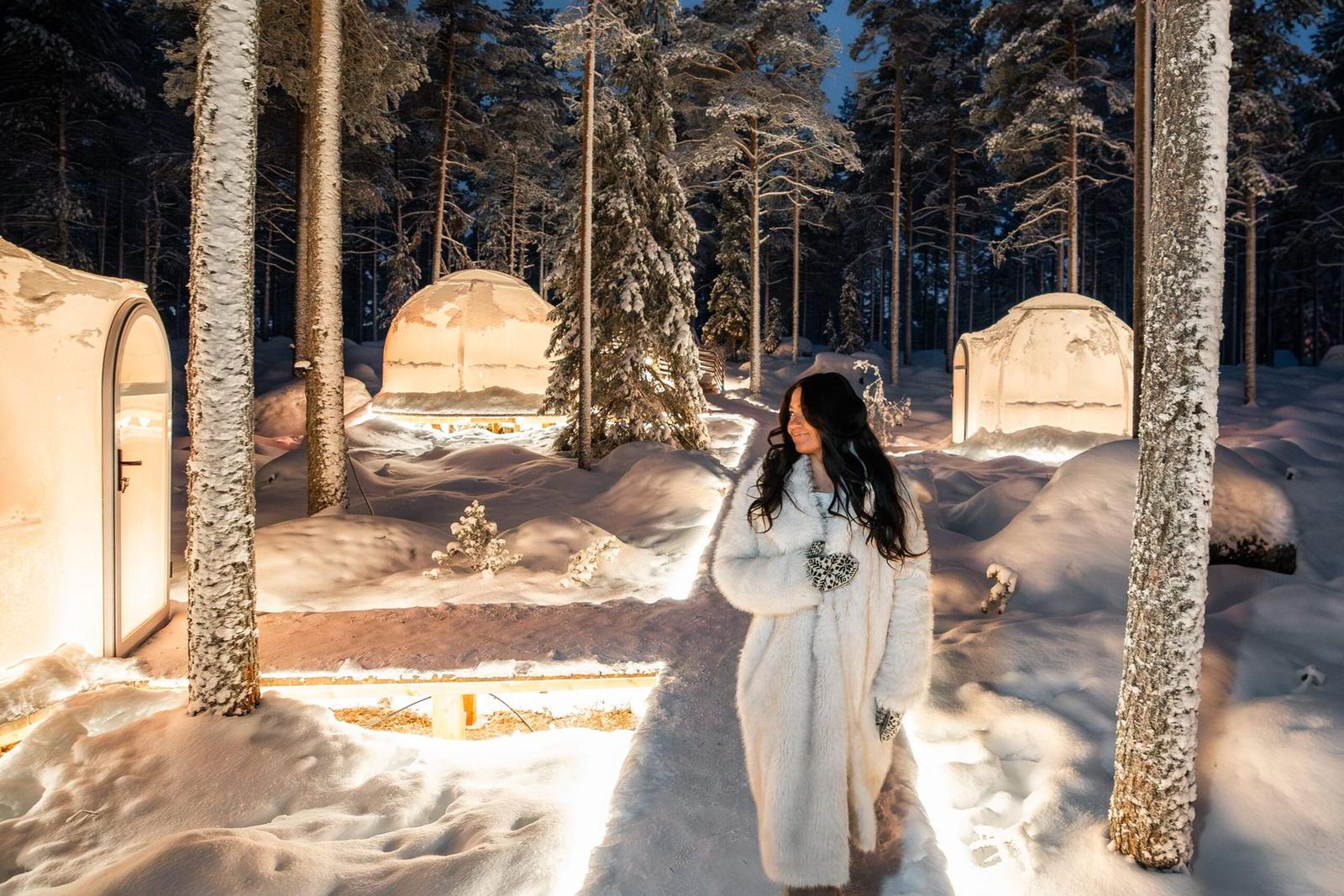 Lit dinner domes in the snowy forest at dusk