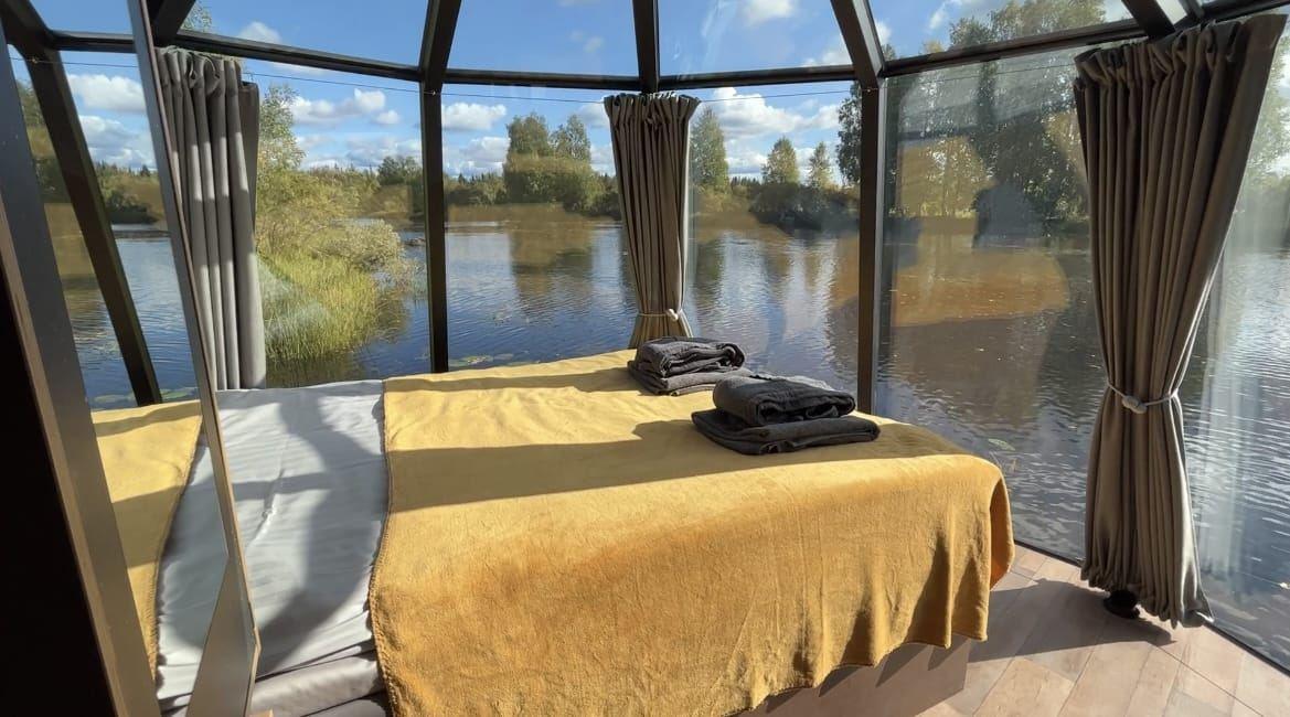 Igloo bed with a river view